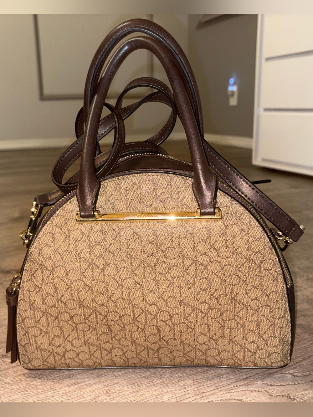 Calvin Klein Beige & Brown Monogram Dome Satchel